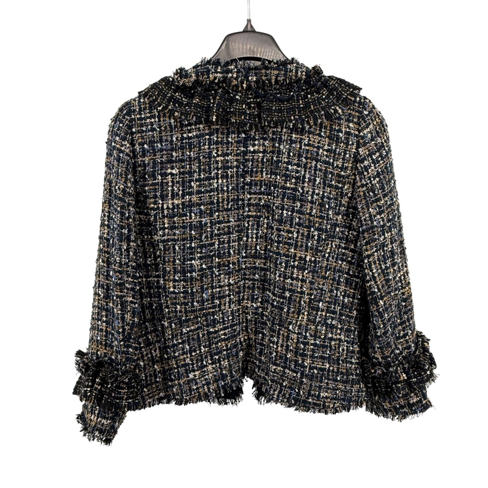 Ann Taylor Tweed Jacket Womens 10 Pre-Opened Blazer Navy Ruffle Fringe Trim Open - Picture 5 of 13